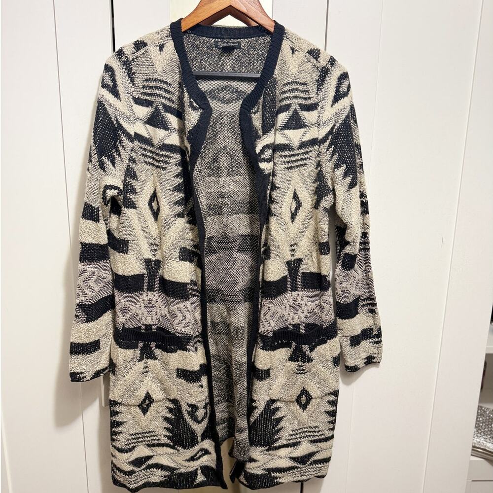 Lucky Brand‎ Aztec Open Front Cardigan Women’s 1X Black Cream Knit Sweater
